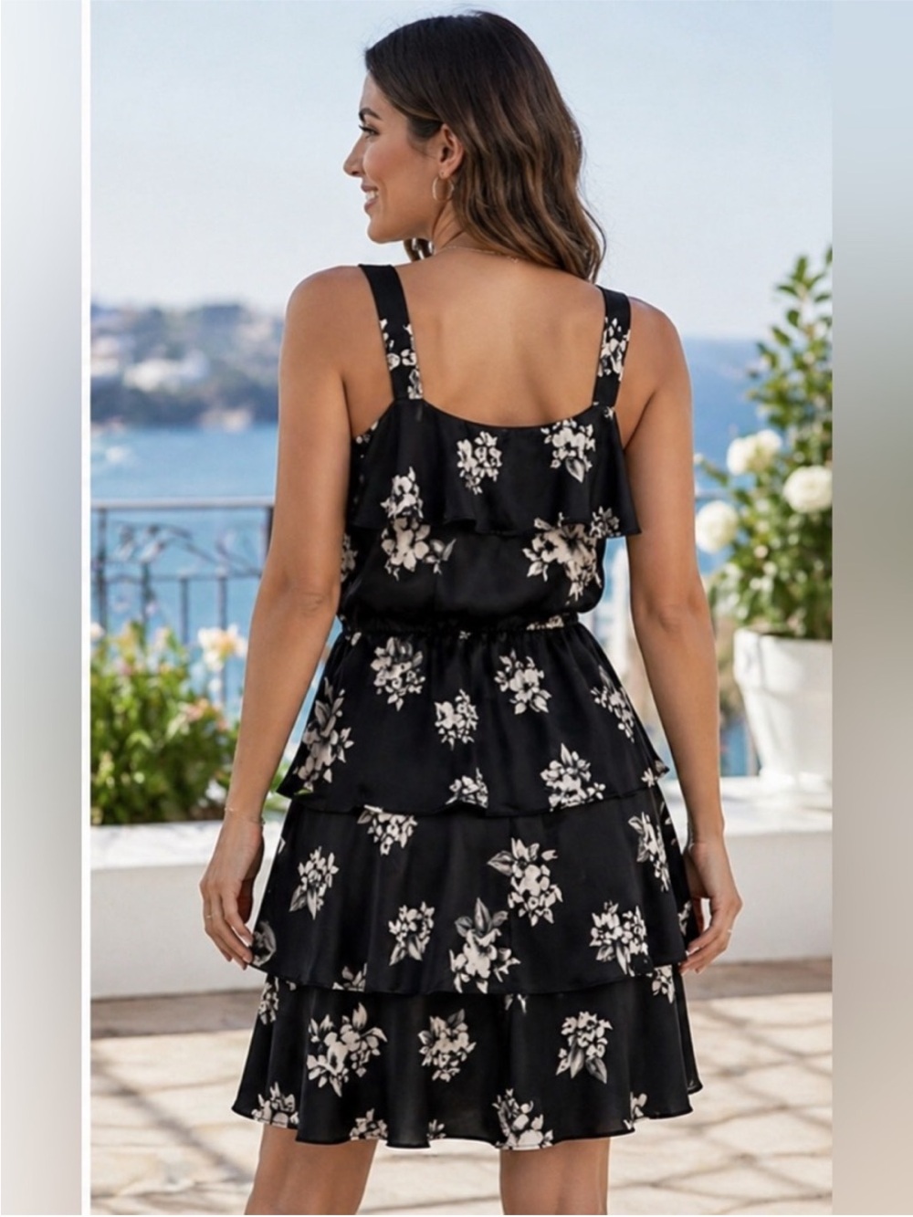 WHBM Black White Floral Tiered Ruffle Dress Wedding Guest Party Cocktail - Picture 3 of 4